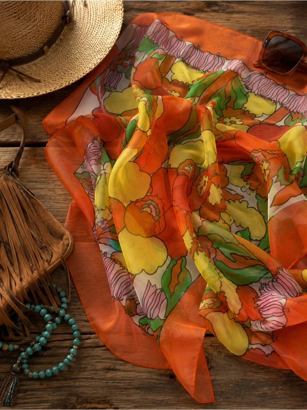 Vintage 1970s Sheer Floral Scarf Orange Flower Power Retro Mod Square